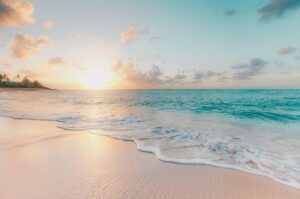 Gentle waves washing onto a sandy beach at sunrise, sun low over the ocean with palm trees in the distance